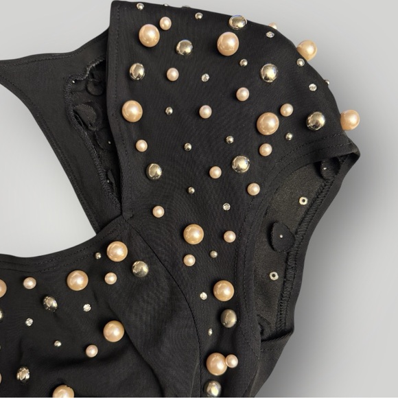 Vintage 1980s Eletra Casadei Pearl & Rhinestone Mini Black Dress -  Size Medium - Picture 7 of 10